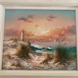 Original Framed Acrylic Seascape With Lighthouse Painting