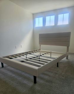 Light Tan Upholstered Headboard with Bed Frame (size: Full)