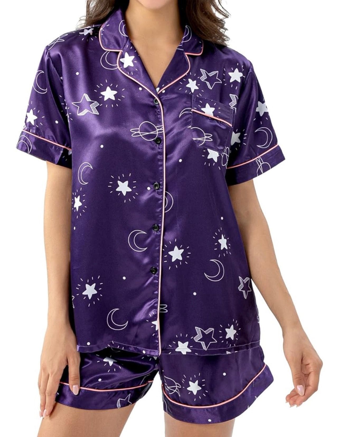 Winthome Womens Satin Pajamas Set SMALL Sleepwear Short Sleeve Button Shirt and Shorts 2 Piece Silky Loungewear PJ Sets