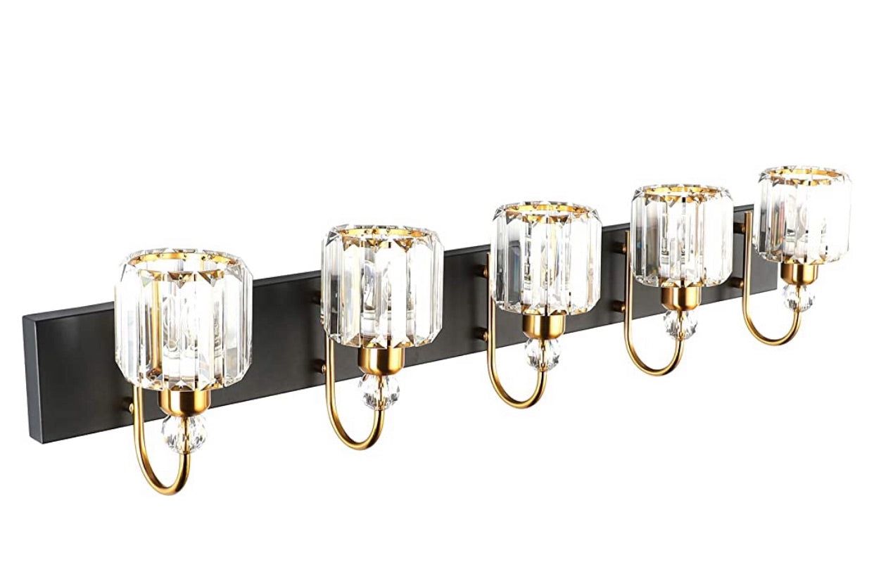 Ralbay Modern LED Bathroom Vanity Lights 5-Lights Crystal Vanity Lights Over Mirror Modern Black Bathroom Vanity Lighting Fixtures