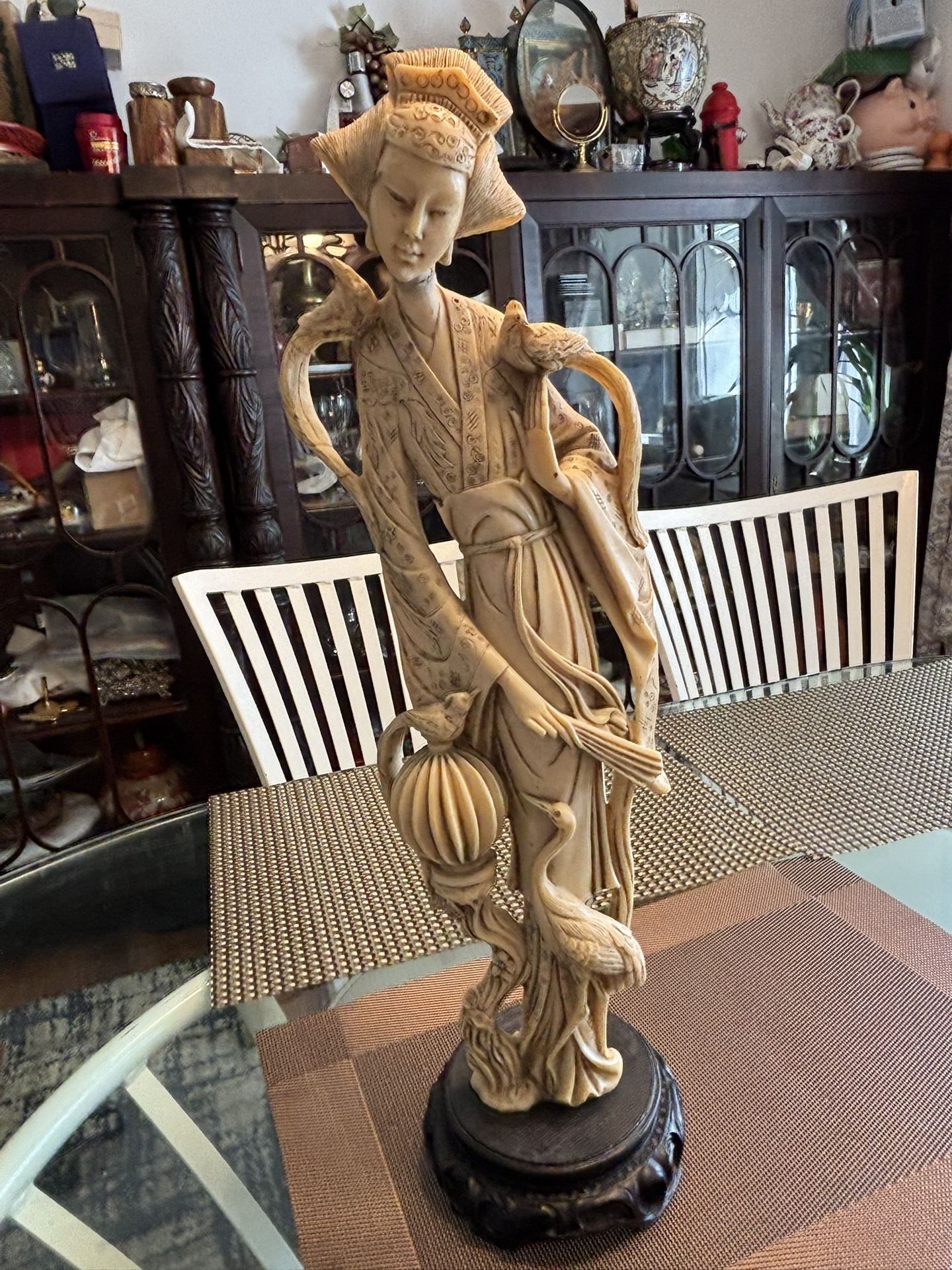 Vintage 20” Japanese Lady With Birds Figurine Statue And Wood Stand