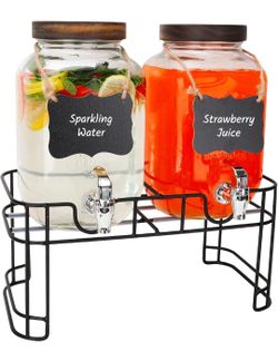 Glass Drink Dispensers For Parties, 2 PACK 1 Gallon Beverage Dispenser With Wooden Lids, Metal Stand And Spigot 100% Leak proof. Lemonade Dispenser Wi