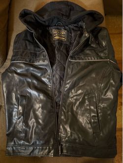 Arizona Jean Company Black Hooded Faux Leather Jacket M/M Quilted Lining
