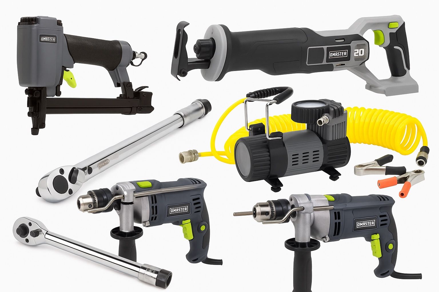 Master Mechanic Tool Lot: 1/2” Torque Wrench, Hammer Drill, Reciprocating Saw, Air Ratchet, Tire Inflator, Stapler