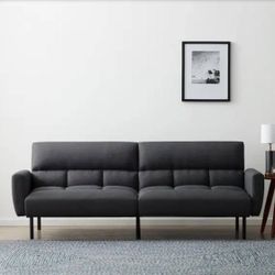 Lucid Comfort Collection Linen Futon Sofa Bed with Box Tufting Black Faux Leather.
A little bit scratched