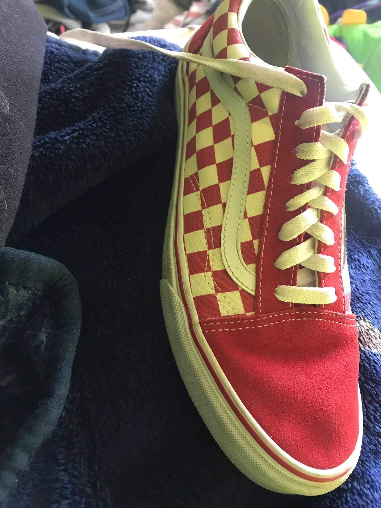 Checker white and red vans (size 10.5 in men 12.0 in females)