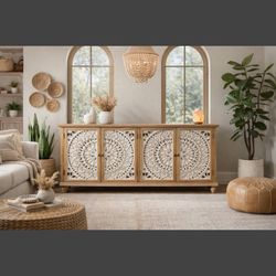 New Modern Farmhouse Carved Wood Sideboard Cabinet, White Mandala Carved Doors,