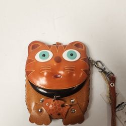 Vintage Cat Change Purse Wallet Brown Leather