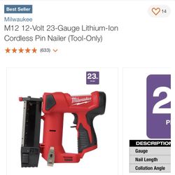 Brand New Milwaukee  M12 23guage  Cordless Pin Nailer $75