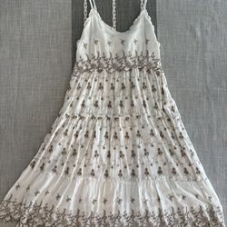 Jessica Simpson Dress White Brown Embroidered CottageCore Dress Size M