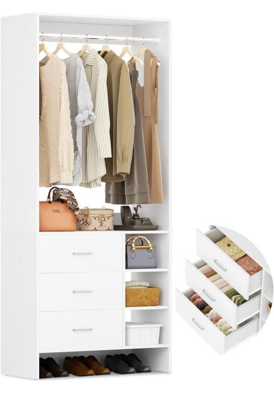 Aheaplus 2.5FT Closet System with 3 Drawers, 29.5’’ Closet Organizer, Wood Closet Organizer System, Walk-in Closet or Small Closets Wardrobe, Clothes