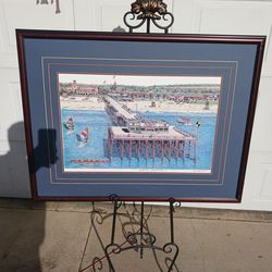 Large framed no glass Newport Beach CA  pier limited edition lithograph signed Ted Crane