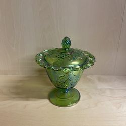 Green Carnival Glass Lidded Dish