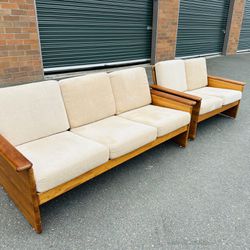 Beautiful Mid Century Danish Domino Mobler Teak Upholstered Sofa Couch and Loveseat Set