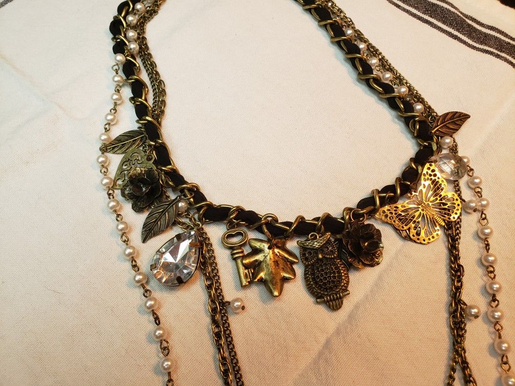 Gorgeous 4 Strand Charm Necklace Owl Butterfly NEW