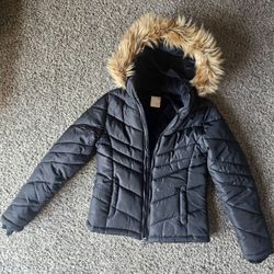Black Puffer Jacket with Faux Fur Hood