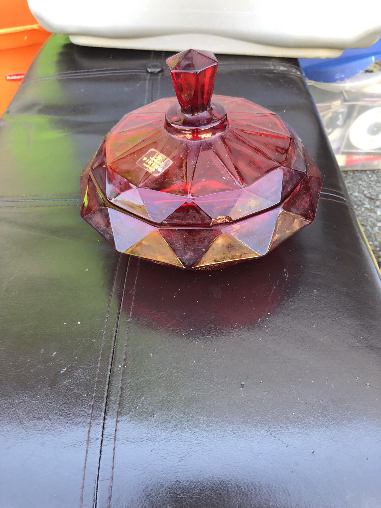 Vintage Viking Epic Ruby Red glass Diamond Point Covered Candy Dish, handmade, 7” x 4” high 