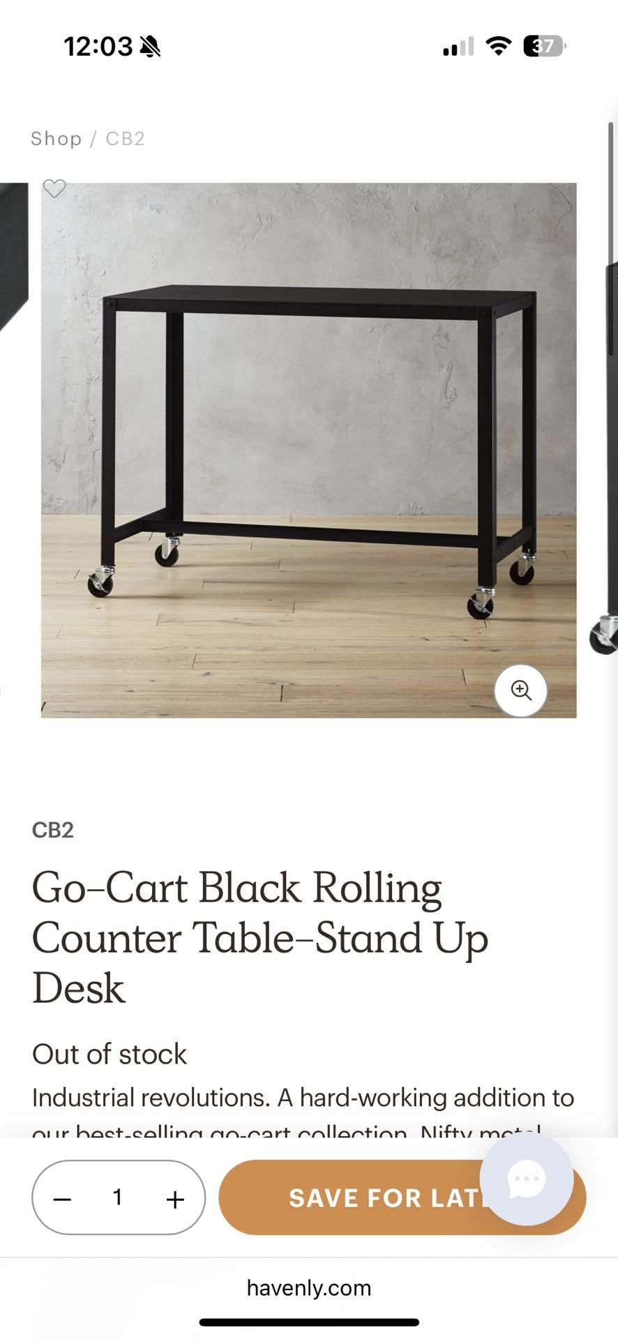 CB2 EXCLUSIVE Go-Cart Black Rolling Counter Table-Stand Up Desk