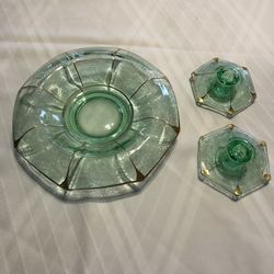 Vintage Green Glass Console Dish & Candlesticks