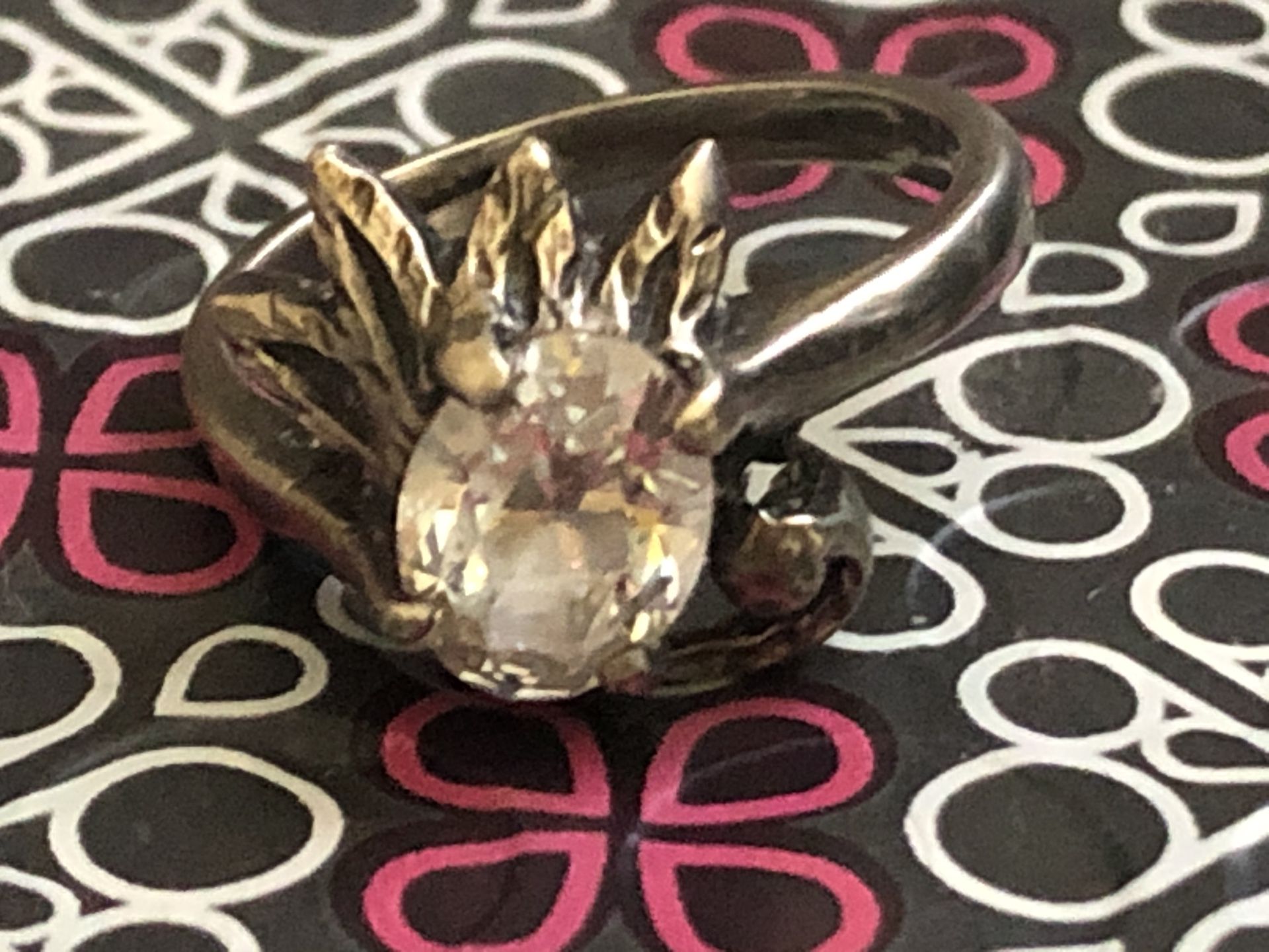 Antique Sterling Silver glass Solitaire etched ring