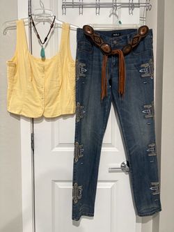 Embroidered Skinny Jeans with Concho Belt