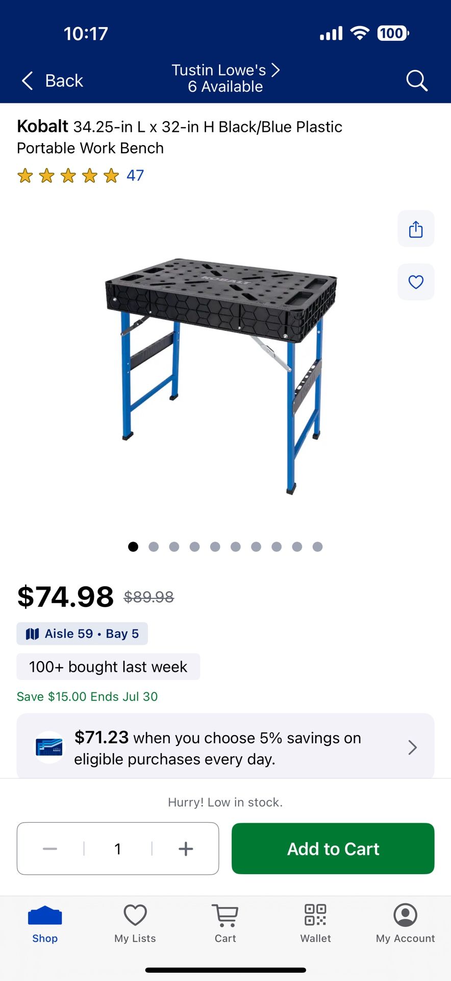 Kobalt 34.25-in L x 32-in H Black/Blue Plastic Portable Work Bench