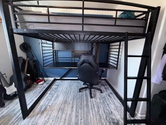 Black Metal Loft Bed frame with Built-In Desk