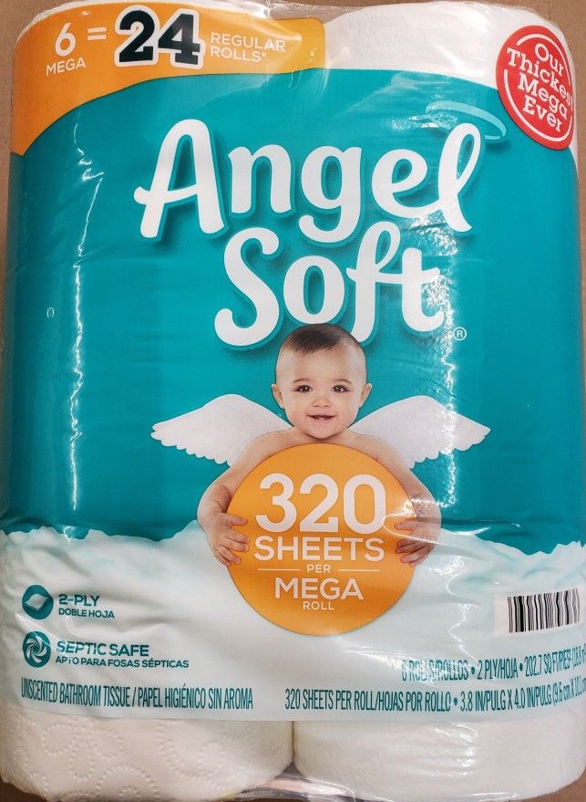 Angel Soft Toilet Paper, 6 Mega Rolls = 24 Regular Rolls, 320 Sheets, 2-Ply Bathroom Tissue
