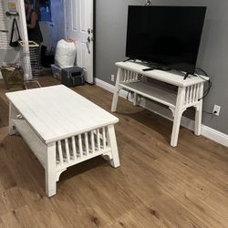 White Coastal Coffee Table & TV Console Set – Solid Wood, Great Condition