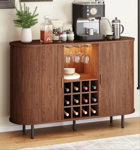55" Wine Bar Cabinet with LED Light,Modern Liquor Whiskey Coffee Station with Wine Rack and Glass Holder, Farmhouse Buffet Sideboard with Storage for