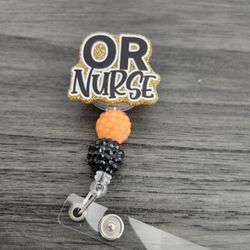 OR Nurse Retractable Badge Reel – Black & Orange Beaded ID Holder