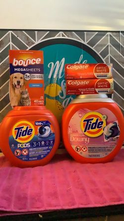 1-42 tide pods 1-25Xl tide pods 2-Colgate toothpaste 1-40 sheets mega sheets all for $32