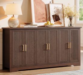 67" Fluted Buffet Cabinet w/Storage,Credenza w/Adjustable Shelve 6 Doors Mid Century Modern Sideboard, Wood Coffee Bar Table Console for for Dining Ro