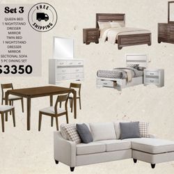 Brand New COMBO / Delivery FREE / 2 Bedroom Sets, Dining Set And Sectional Sofa / 🚚