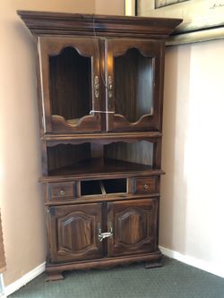 Corner antique cabinet stands 7ft tall solid heavy wood