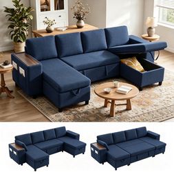 112.2'' Sectional Sofa with Storage Chaise, Pull-Out Sleeper & Tray,Blue
