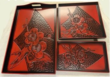 New but. Vintage, Firm, LACQUER WARE Nesting Trays, Black Red with Triangular Design Encompassing two Flowers, 3 pc MELAMINE