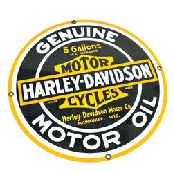 Ande Rooney Harley Davidson Genuine Motor Oil 11" Porcelain Enamel Round Sign