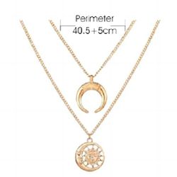 BRAND NEW IN PACKAGE LADIES SUN MOON GOLDEN CHAIN PENDANT DOUBLE LAYER NECKLACE 