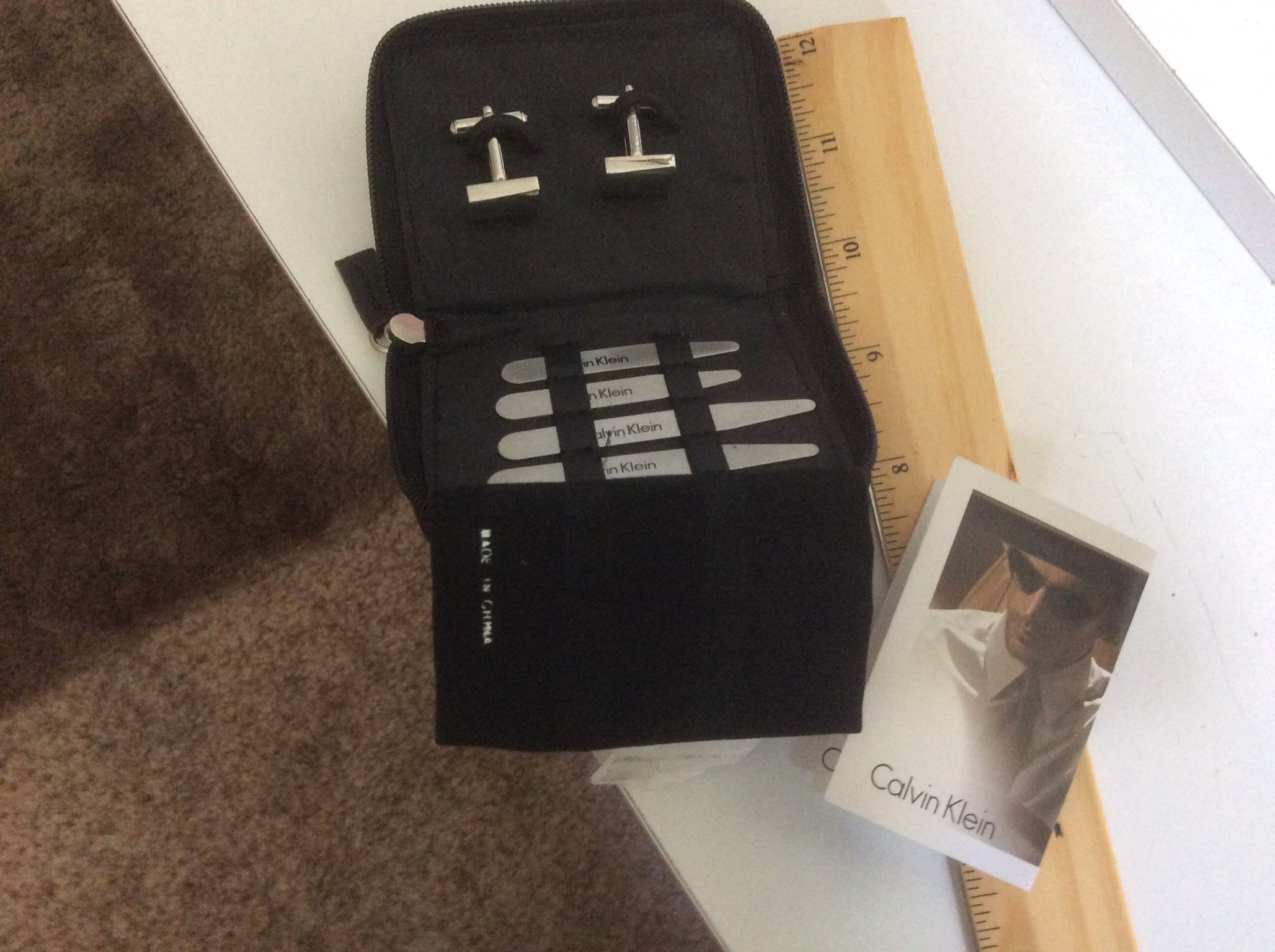 Mens, Calvin Klein, Travel Set In Zip Case Cuff Links Metal Collar Stays Rare