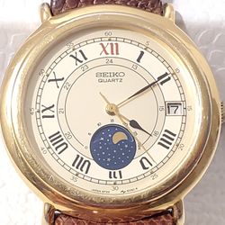 Vintage Seiko Moon Phase Men's Date Gold Plated Watch One Jewel Leather Strap SS