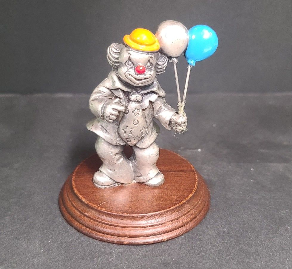 Vintage George Good Pewter Clown Figurine On Wooden Base