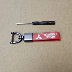 Brand New Mitsubishi Red Leather Strap Keychain Keyring