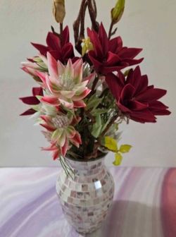 Mosaic Vase with Faux Red Magnolias & Blushing Brides @ Lasting Creations