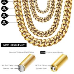 18K Gold Plating  Cuban Link Chain Necklace  with Bling Bling Cubic Zirconia Iced-Out Clasp for Men Boys W12mm / L 24 inches 18K Gold Plating