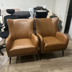 Faux Leather Accent Chair Set of 2 with Removable Cushion, Comfy Upholstered Armchair with Metal Legs & Nailhead Trim Wingback Vanity Chair for Readin