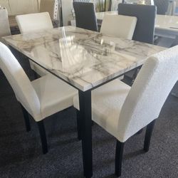 Brand New White Faux Marble Dining Table (48"×30"×30"H) + 4 White Fluffy Linen Chairs