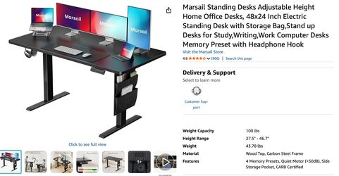 Marsail Electric Adjustable Standing Desk (48" x 24") – Memory Presets & Storage