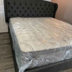 Brand new queen size Charcoal Grey Linen Upholstered Platform Bed Frame. 