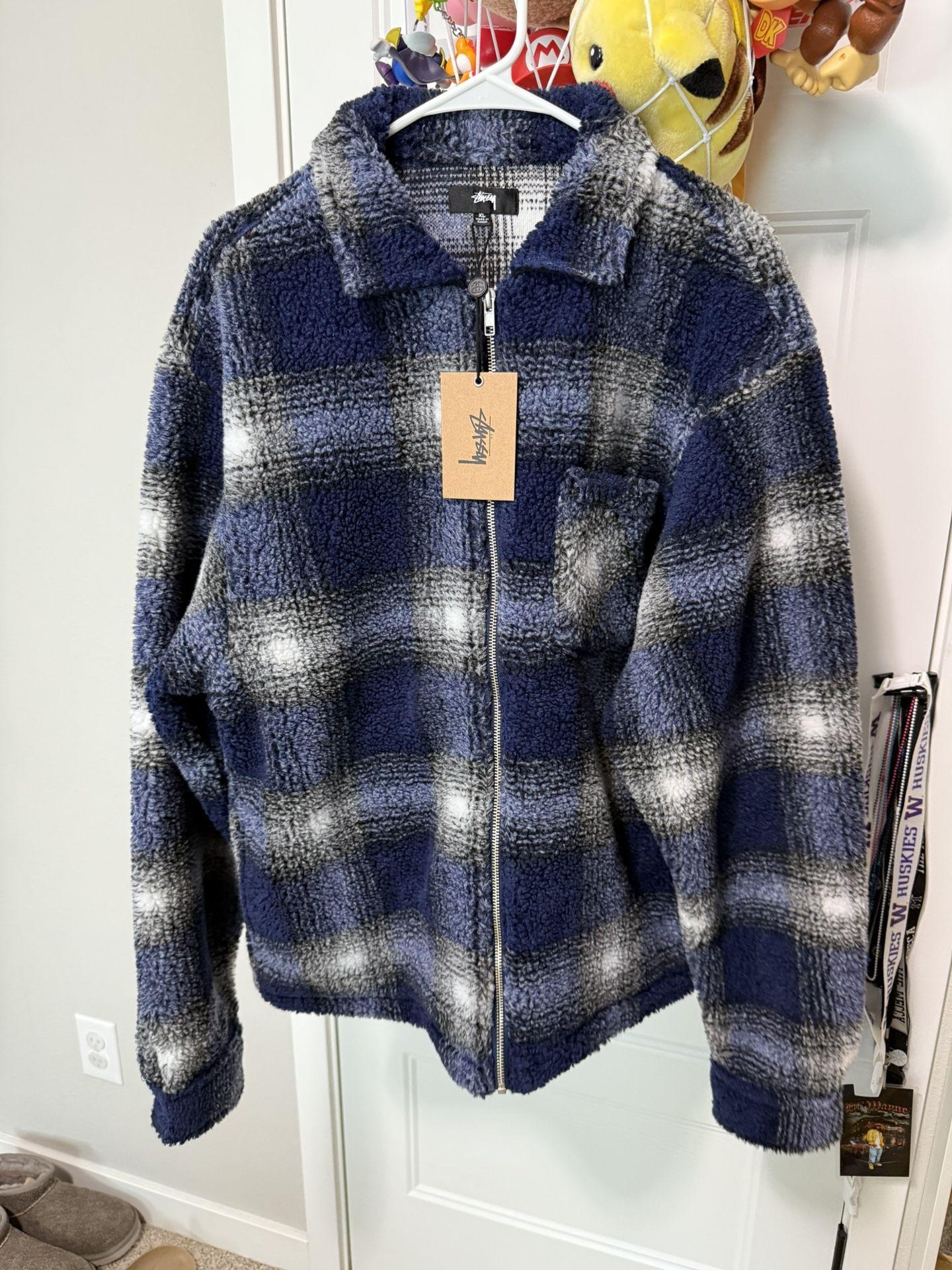 Black Check Fleece Jacket Stussy Shadow Plaid Sherpa Zip Shirt NAVY XL